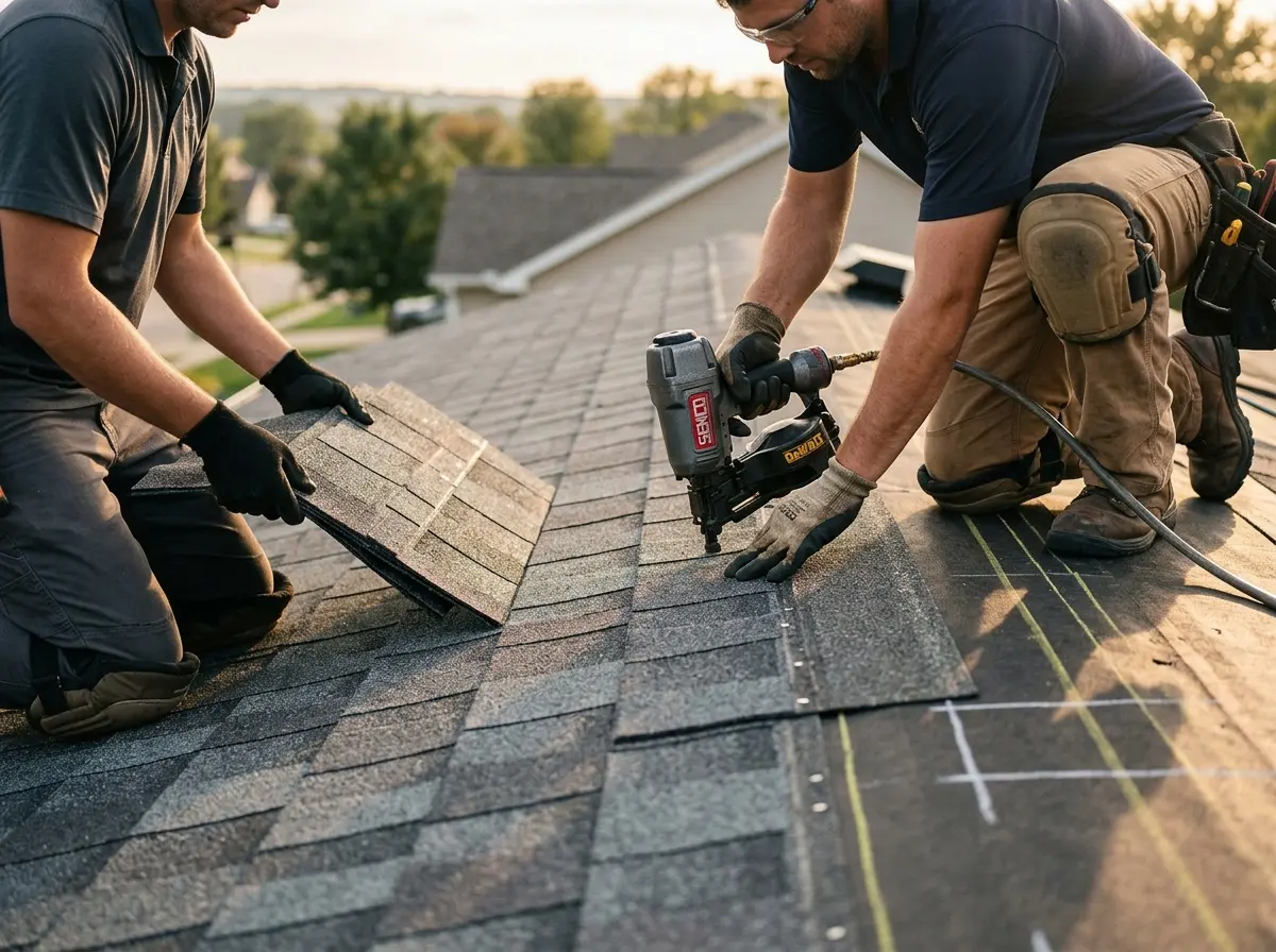 Professional roofer working on a residential roof in Morris